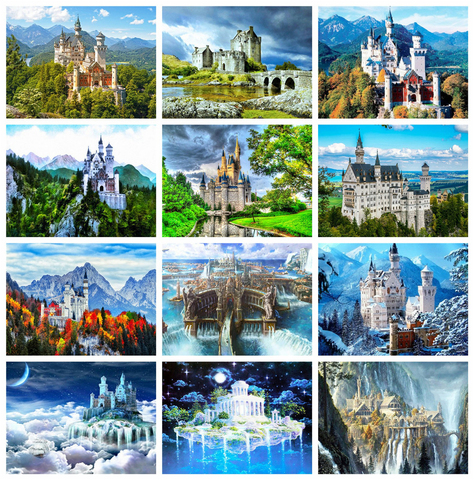 HUACAN-pintura de diamante 5D de castillo, bordado de diamantes con diseño de montaña, mosaico de paisaje, decoración del hogar ► Foto 1/6