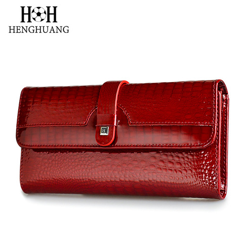 HH-cartera larga de piel auténtica para mujer, billetera de cuero de vaca con patrón de alineación roja, triple gran capacidad, de lujo ► Foto 1/6