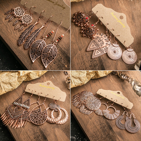 Pendientes étnicos de borla de metal de oro rosa para mujer Conjuntos de joyas Bohemia Vintage Círculo redondo Hoja Mariposa Pendientes de gota geométricos 3 par / set Dropshipping al por mayor ► Foto 1/6