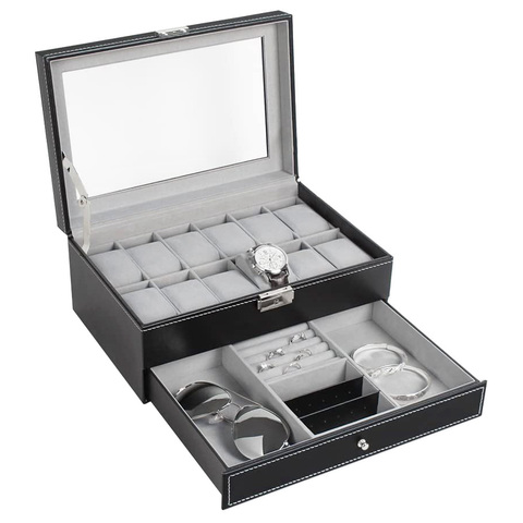 Caja de reloj con 12 ranuras para hombre, caja de reloj de cuero PU, organizador de joyería, cajón de exhibición, tapa de cristal con cerradura, negro ► Foto 1/6