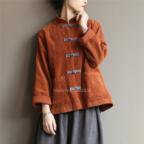 Otoño de pana de invierno, chaqueta de las mujeres, chino tradicional trajes Retro Vintage camisa blusa de Color sólido traje Tang Hanfu ► Foto 1/1