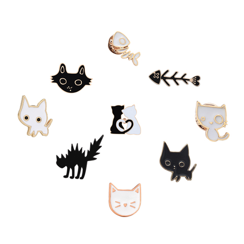 De dibujos animados de animales broches de gatos negro blanco hueso de pescado Pines de esmalte de moda lindo joyería amor regalo para chica par solapa distintivo para camisa ► Foto 1/6