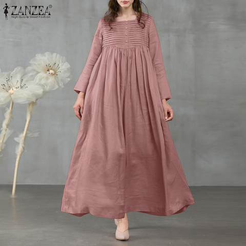 ZANZEA-maxivestidos plisados de manga larga para mujer, elegante de talla grande 5XL Vestido camisero, vestido veraniego plisado con cuello cuadrado para mujer, bata de talla grande 2022 ► Foto 1/6