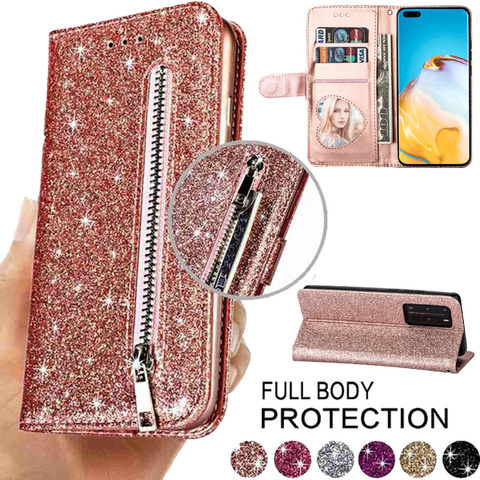 Funda de cuero con tapa para Huawei, carcasa con ranuras para tarjetas, con purpurina, para P40, P30, P20 Lite Pro, Y6/Y7, 2022 P, Smsrt, 2022, Mate 20 Lite ► Foto 1/6