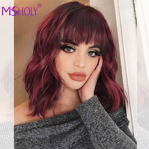 Msholy-Peluca de cabello Natural ondulado para mujer, Pelo Rizado Bob con flequillo, rojo, Borgoña, rosa, Rubio, púrpura, Cosplay, Bob corto ► Foto 1/6