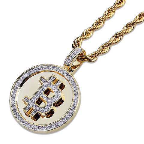 Hip Hop Micro pavimentado AAA + Cubic Zirconia helado Bling oro Bitcoin collar de colgantes redondos para hombres y mujeres rapero de la joyería ► Foto 1/6