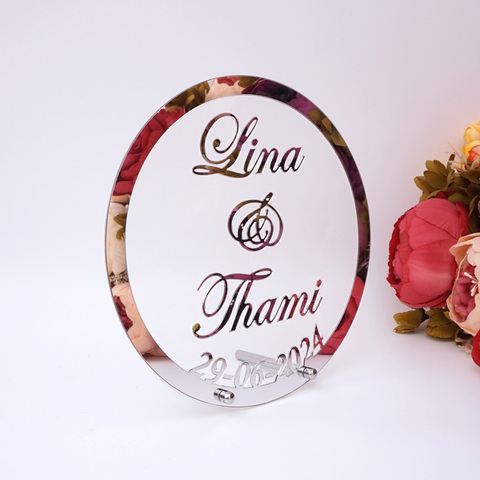 Marco de espejo acrílico personalizado con nombre, Signos de boda, decoración de fiesta con corazón redondo ► Foto 1/6