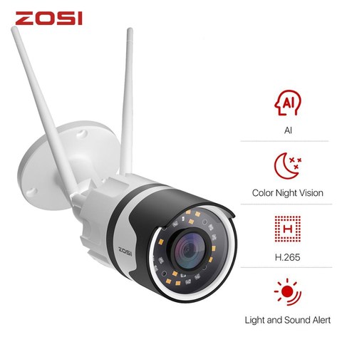 ZOSI-Cámara IP de H.265 y 1080p para exteriores, videocámara inalámbrica y resistente al agua, con foco, wifi, IA, detección de personas, visión nocturna a color y audio bidireccional ► Foto 1/6