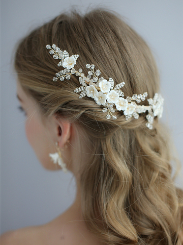 Peineta de flor de cerámica, cuentas blancas hechas a mano, joyería para el cabello de boda para mujer ► Foto 1/2