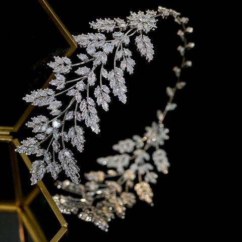 ASNORA-Diadema de boda para mujer, Tiara de la joyería nupcial, diadema de joyas, hojas, diadema con hojas, corona de cristal de circonia cúbica ► Foto 1/6