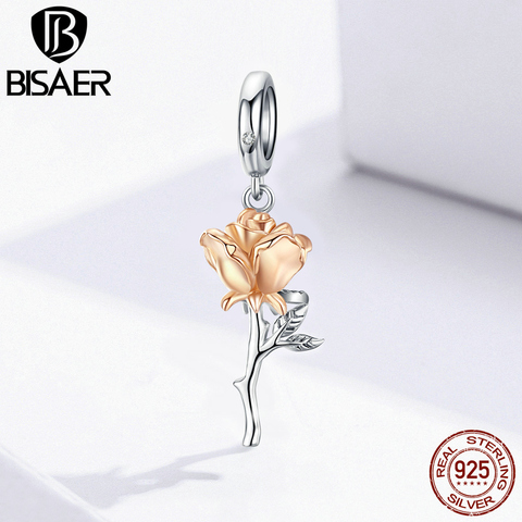 Cuentas de flores rosas BISAER Plata de Ley 925 colgantes de cuentas de flores rosas en forma de pulseras y brazaletes DIY accesorios EFC145 ► Foto 1/6