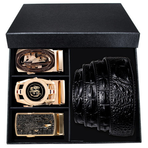 Hi-Tie-cinturones con hebilla automática de cuero genuino para hombre, conjunto con caja de regalo, cinturón de diseño de lujo informal de cocodrilo dorado ► Foto 1/6
