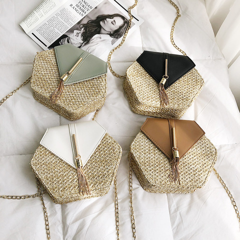 Bolso hexagonal de paja y cuero para mujer, bandolera de mimbre tejida a mano para playa, estilo bohemio circular, para verano ► Foto 1/6