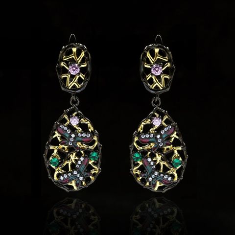 Pendientes bohemios de libélula y mariposa para mujer, aretes de circonia de Color de hoja hueca, joyería de plata 925 de estilo dorado y negro ► Foto 1/5