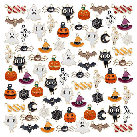 Encantos esmaltados de Halloween Julie Wang 18 Uds., mezcla de caramelo fantasma calabaza araña murciélago gato sombrero aleación fabricación de joyería de colgantes accesorio ► Foto 1/5