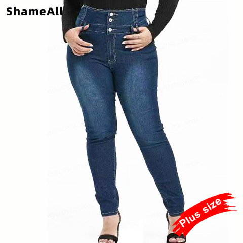 Pantalones vaqueros ajustados de talla grande abotonada para mujer, vaqueros de longitud completa, cintura alta, estiramiento fino, azul oscuro, 4XL, 5XL ► Foto 1/6