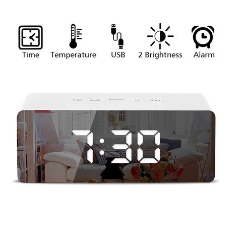 Termómetro de reloj de despertador con efecto espejo y luz LED, pantalla Digital, temperatura regulable por USB, modo nocturno, función de memoria de luz, Reloj de escritorio ► Foto 1/6