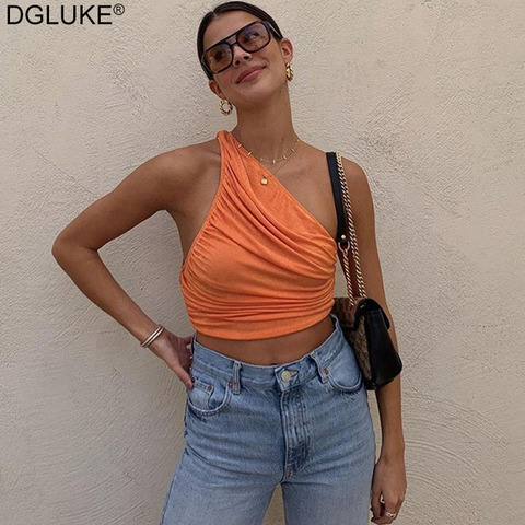 Top corto de un hombro mujeres Sexy sin mangas vestido de verano blanco negro azul naranja liso tops cortos sin mangas Camis ► Foto 1/6