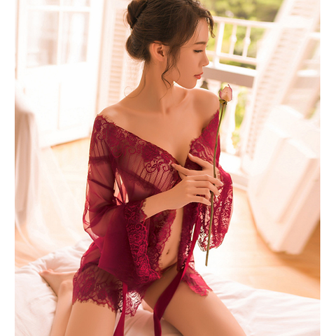 Bata de encaje para dama de honor, ropa de dormir elegante, Sexy, de encaje, albornoz, Kimono de baño de encaje, tumbona ► Foto 1/6