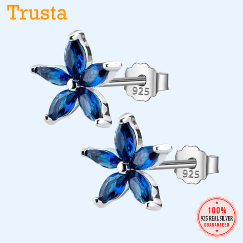 Trusta 100% maciza 925 plata esterlina Real azul flor CZ Stud pendientes para mujer, chica, hija chicas joyería de plata fina DS1255 ► Foto 1/6