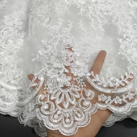 Tela de encaje francés para novias, tejido de encaje de tul africano con cuentas, 1 yarda por lote, tela de encaje de red para vestido de boda blanco SW006 ► Foto 1/6