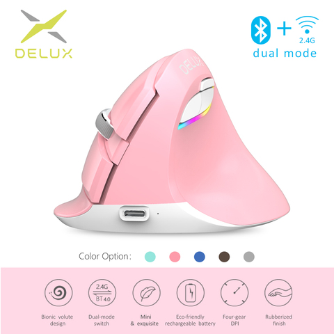 Delux M618 Mini Bluetooth 4,0 + 2,4 GHz inalámbrico ratón Vertical 4 Gear DPI RGB ergonómico recargable silencio haga clic en ratones para la Oficina ► Foto 1/6