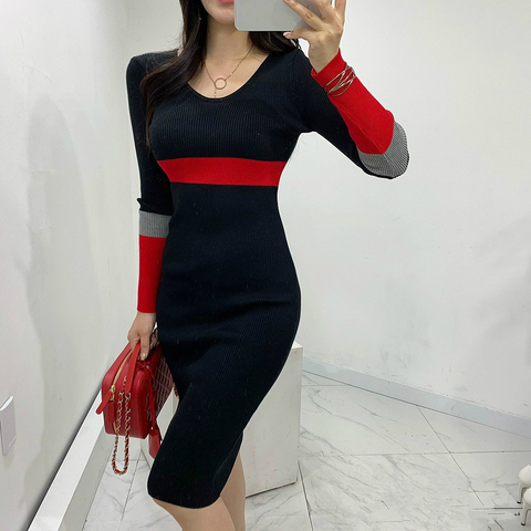 Otoño Mujer Vestidos largos de punto ajustado negro Sexy cuello pico Stretch de manga larga elegante de invierno de punto suéter lápiz vestido ► Foto 1/6