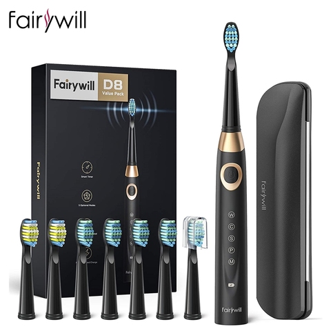 Fairywill-cepillos de dientes eléctricos para adultos y niños, 5 modos, temporizador inteligente, recargable, blanqueador sónico, con 10 cabezales ► Foto 1/6