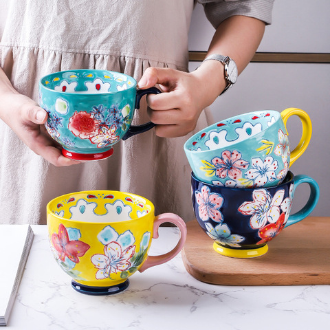 Tazas y tazas de café de cerámica de gran capacidad, flor pintada a mano, para el hogar y la Oficina, con taza para beber agua creativa de porcelana ► Foto 1/5