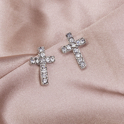 Pendientes pequeños con forma de cruz de cristal para mujer, aretes pequeños, Color plata, joyería religiosa ► Foto 1/6