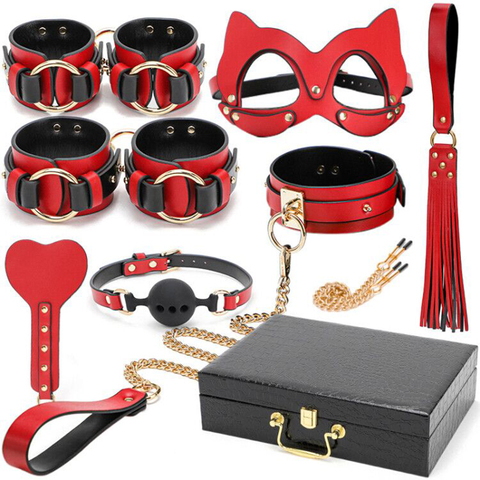 Lobo negro BDSM Kits de cuero genuino Set de Bondage fetiche esposas Collar látigo mordaza erótico, Juguetes sexuales para mujeres parejas juegos para adultos ► Foto 1/6