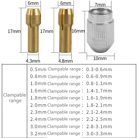Mini Portabrocas de latón para herramienta rotativa Dremel, 6 uds., 1-3,2mm, latón con tuerca negra M8x0.75mm para accesorios Dremel ► Foto 1/6