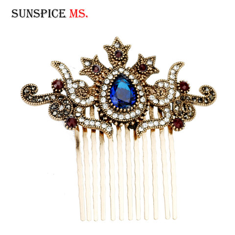 SUNSPICEMS-peine de pelo de corona de oro Retro para mujer, Joyería Árabe, turco, Updo, mosaico de diamantes de imitación, regalo de novia étnica elegante ► Foto 1/6