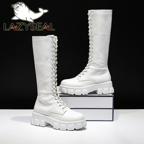 LazySeal-zapatos de bota larga para Mujer, calzado blanco con cordones y cremallera, aumento de altura, de piel sintética, de felpa, talla grande 43 ► Foto 1/6