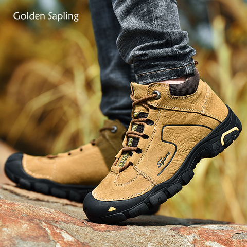 Botas de invierno de Golden Sapling para hombre, zapatos informales de cuero genuino a la moda, botas de Trekking de montaña cómodas y cálidas de felpa ► Foto 1/6