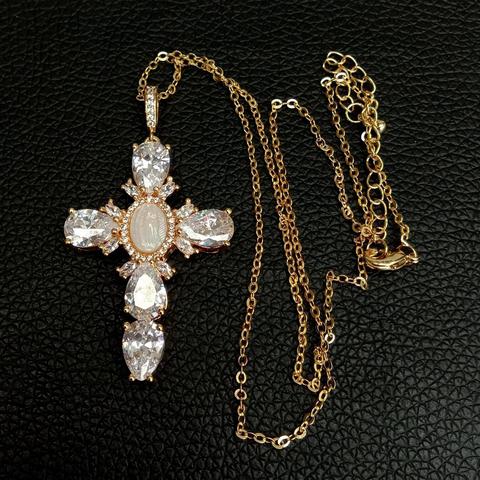 Collar con colgante de Cruz de la Virgen María para mujer y niña, Circonia cúbica, Perla de concha de 17,5 