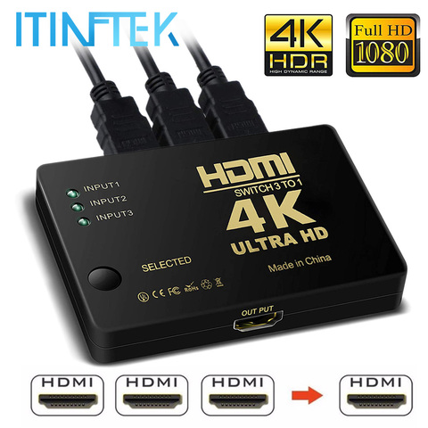 4K 2K 3x1 Cable HDMI Splitter HD 1080P conmutador de vídeo Adaptador de 3 entrada 1 puerto de salida HDMI Hub para Xbox PS4 DVD HDTV portátil PC TV ► Foto 1/6
