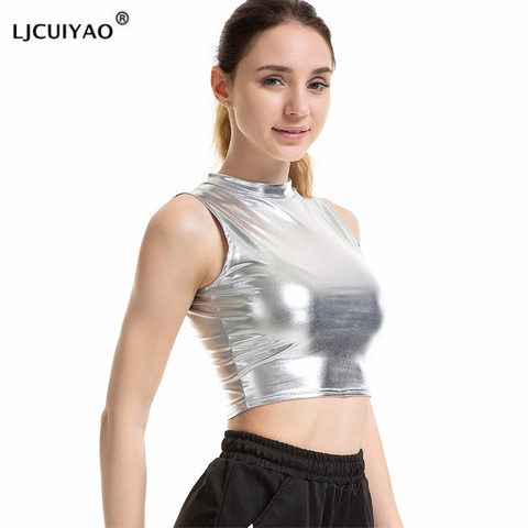 LJCUIYAO mujeres Top de talla grande tanque Top corto sin mangas de cuero chaleco sin mangas camisetas sin mangas deportivas de plata de oro brillante ropa ► Foto 1/6