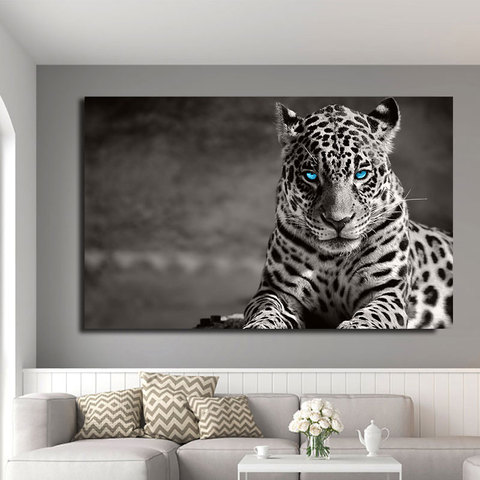 Leopardo fotos ojos verdes Animal blanco y negro pintura de la lona carteles e impresiones para sala de Casa Pared de arte ► Foto 1/5