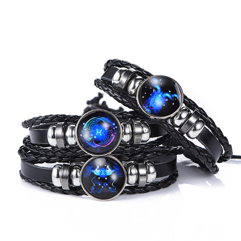 Pulsera de cuero con diseño del zodiaco, brazalete de cuero negro trenzado, con diseño de las constelaciones de los signos del zodiaco, para hombres y mujeres ► Foto 1/6