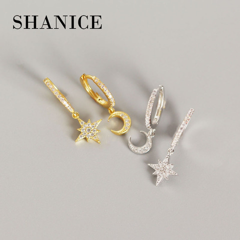 SHANICE-pendientes delicados de pequeña estrella para mujer, 100% Plata de Ley 925 brillantes de circonia cúbica, estrellas y Luna, Pendientes colgantes ► Foto 1/5