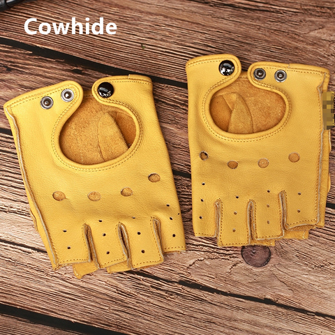 Gours, mitones de cuero sin dedos auténtico para hombre, guantes negros de medio dedo para gimnasio, entrenamiento, Fitness, conducción, guantes de cuero vacuno GSM046 ► Foto 1/6