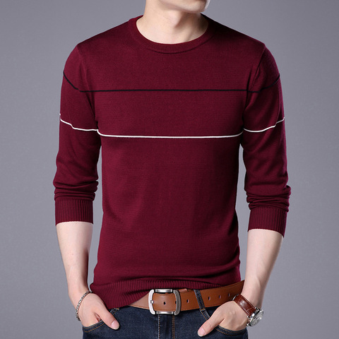 Camiseta de punto para hombre, Jersey cómodo de manga larga con cuello redondo, de retales a rayas, informal, de otoño e invierno ► Foto 1/5