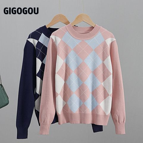 GIGOGOU Argyle suéter de punto Mujer de cuello redondo y manga larga suéteres de otoño e invierno suéteres de Navidad Chic suave de punto para mujer ► Foto 1/6