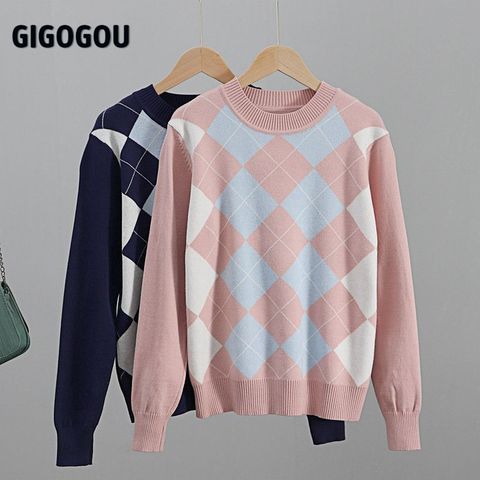 GIGOGOU Argyle suéter de punto Mujer de cuello redondo y manga larga suéteres de otoño e invierno suéteres de Navidad Chic suave de punto para mujer ► Foto 1/6