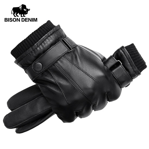 Guantes de cuero BISON DENIM para hombre, piel de oveja auténtica, guantes negros para otoño invierno con pantalla táctil cálida, guantes negros de alta calidad S019 ► Foto 1/6