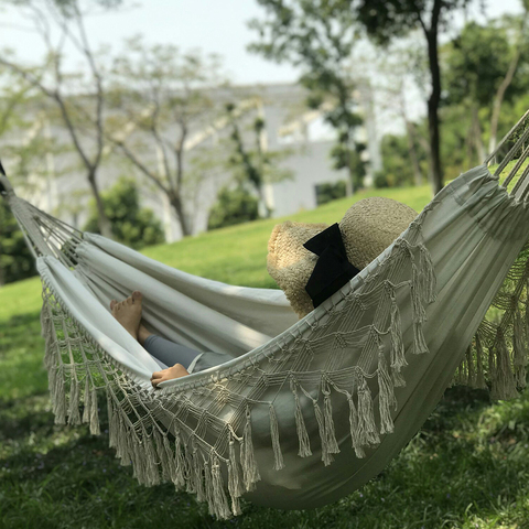 Hamacas dobles puras de lona para acampar, con borlas para dormir al aire libre, para patio trasero, para el hogar, jardín, accesorios para poner ► Foto 1/6