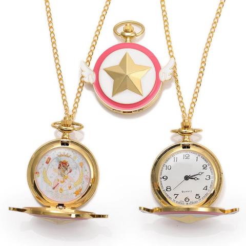 Cardcaptor de Anime japonés, reloj de bolsillo de cuarzo Sakura, dorado, colgante de cadena con alas de estrellas, juguetes, 1 unidad ► Foto 1/5