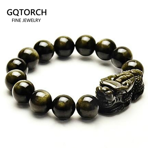 Pulsera de cuentas de Obsidiana Natural para hombre y mujer, Color dorado, energía, piedra, cuerda de mano, Pixiu de la suerte, tropas Brave, joyería ► Foto 1/6