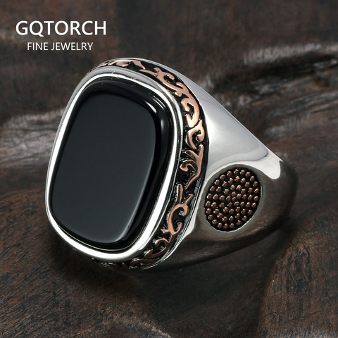 Anillos de plata auténtica para hombre, anillos de plata s925 Retro Vintage turco para hombre con piedras de ónix negro Natural, joyería de Turquía ► Foto 1/6